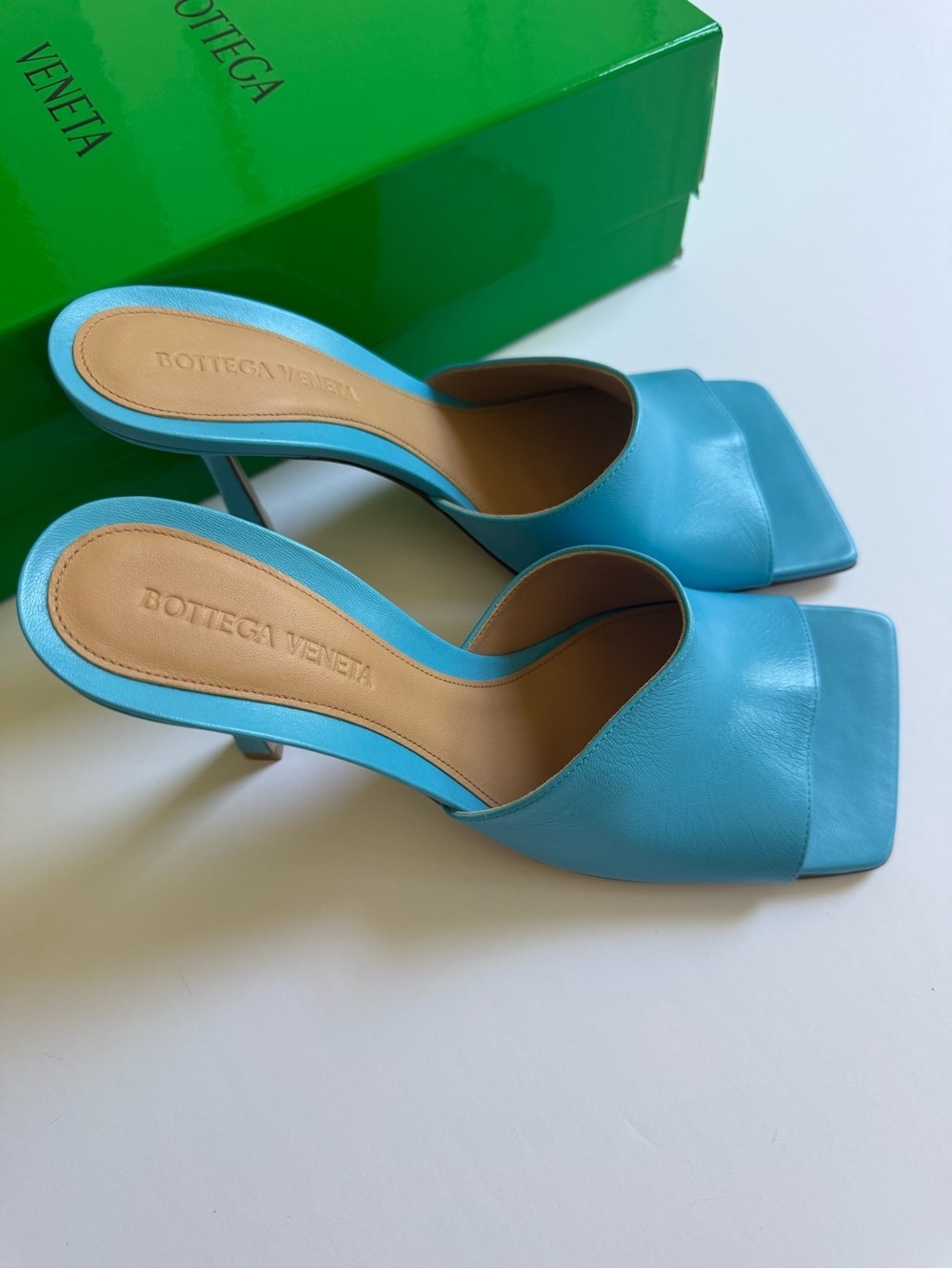Bottega Veneta Blue Leather Square Toe Mule Heels Size 38 - Picture 6 of 8